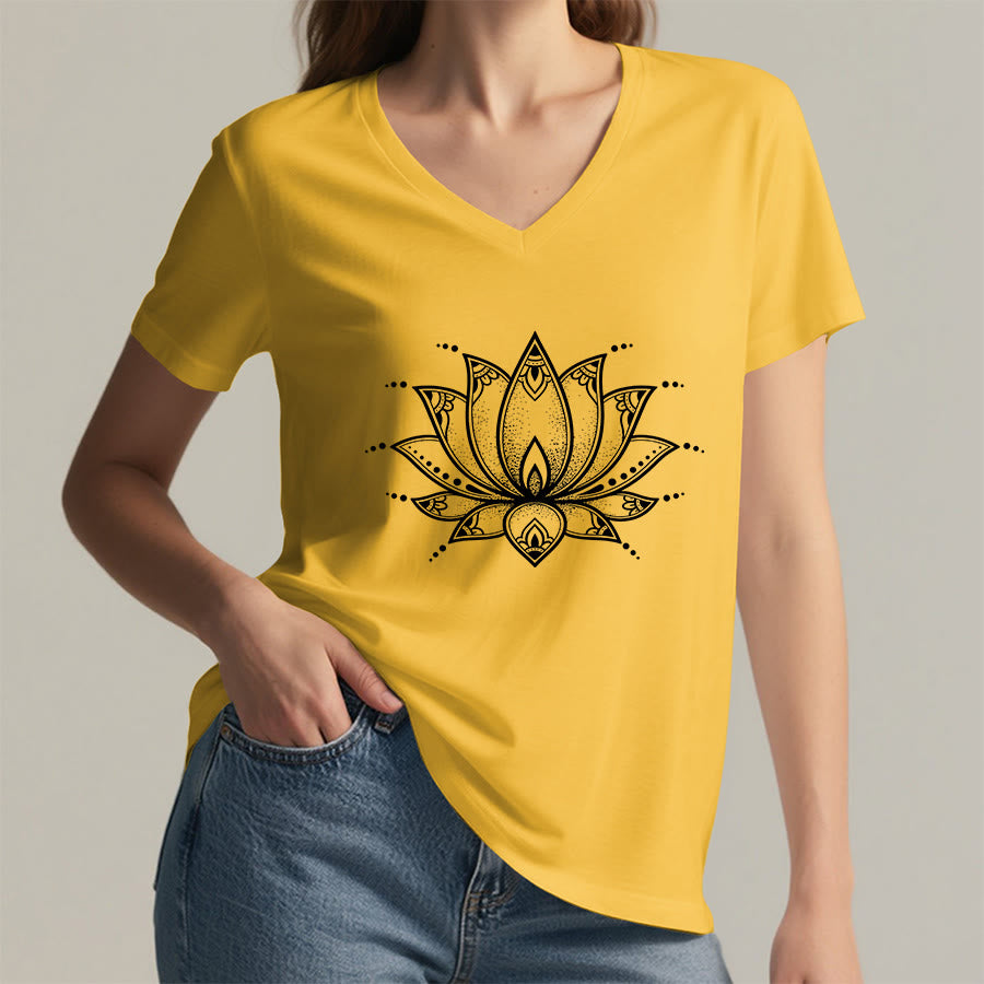 T-shirt da donna con scollo a V Olivenorma Minimal Outline Sacred Lotus Zen Graphic - image 5