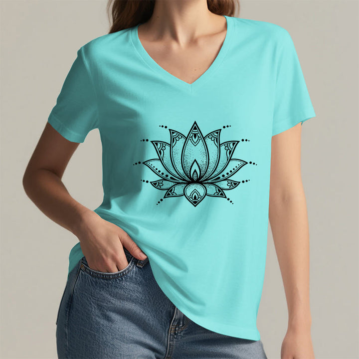 T-shirt da donna con scollo a V Olivenorma Minimal Outline Sacred Lotus Zen Graphic - image 17