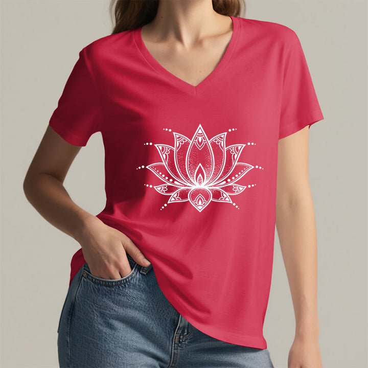 T-shirt da donna con scollo a V Olivenorma Minimal Outline Sacred Lotus Zen Graphic - image 32