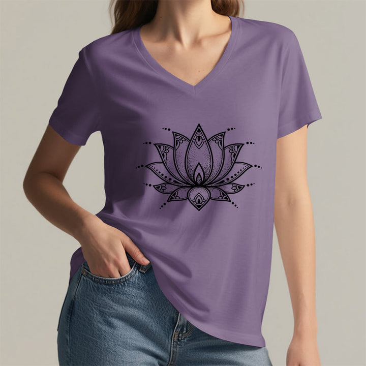 T-shirt da donna con scollo a V Olivenorma Minimal Outline Sacred Lotus Zen Graphic - image 38