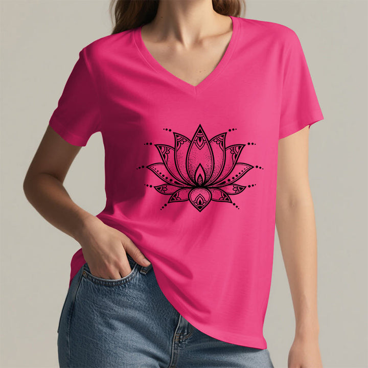 T-shirt da donna con scollo a V Olivenorma Minimal Outline Sacred Lotus Zen Graphic - image 35