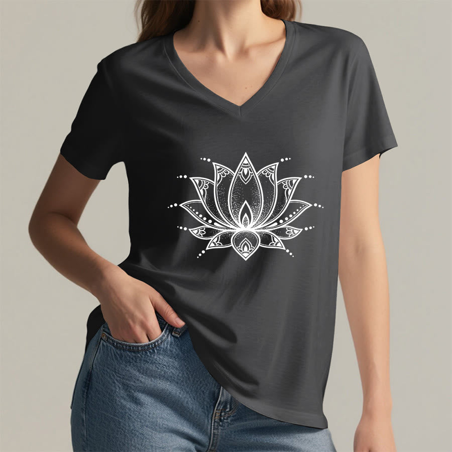 T-shirt da donna con scollo a V Olivenorma Minimal Outline Sacred Lotus Zen Graphic - image 23