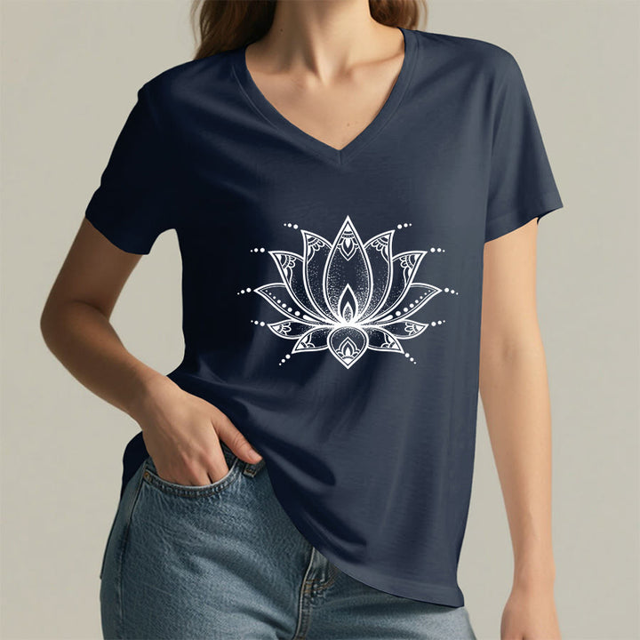 T-shirt da donna con scollo a V Olivenorma Minimal Outline Sacred Lotus Zen Graphic - image 29