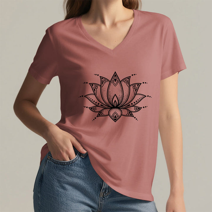 T-shirt da donna con scollo a V Olivenorma Minimal Outline Sacred Lotus Zen Graphic - image 14