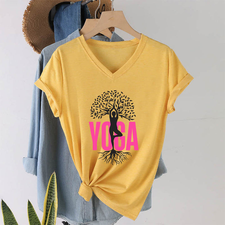 Maglietta da donna con scollo a V e stampa grafica Olivenorma Yoga Figure Tree Of Life con testo in grassetto. - Giallo - 2XL - image 31