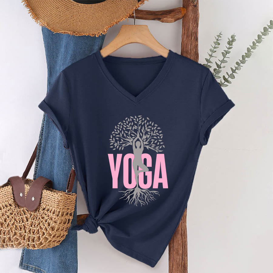 Maglietta da donna con scollo a V e stampa grafica Olivenorma Yoga Figure Tree Of Life con testo in grassetto. - Blu navy - 2XL - image 25