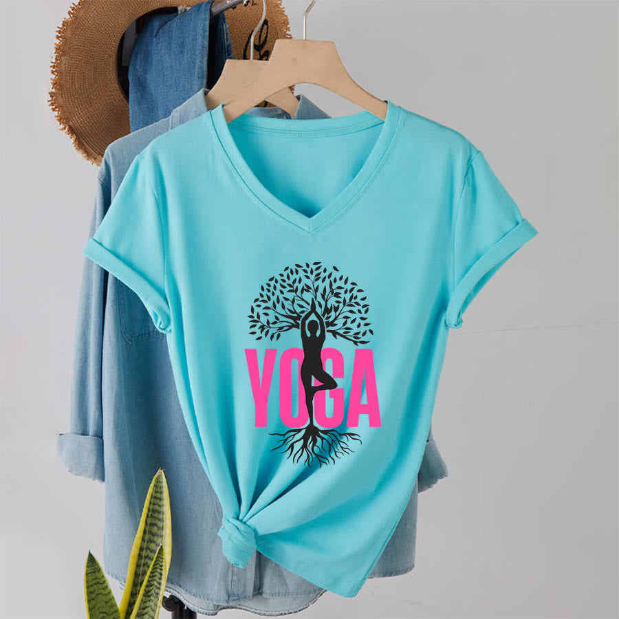Maglietta da donna con scollo a V e stampa grafica Olivenorma Yoga Figure Tree Of Life con testo in grassetto. - Lago Blu - 2XL - image 16