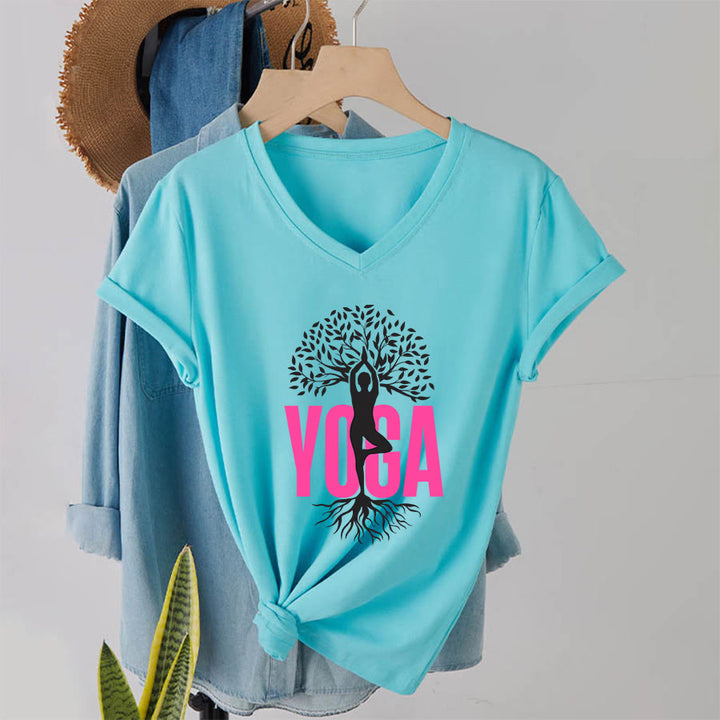 Maglietta da donna con scollo a V e stampa grafica Olivenorma Yoga Figure Tree Of Life con testo in grassetto. - Lago Blu - 2XL - image 16