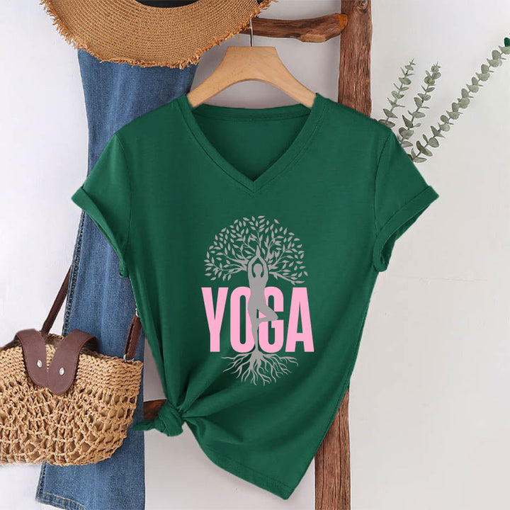 Maglietta da donna con scollo a V e stampa grafica Olivenorma Yoga Figure Tree Of Life con testo in grassetto. - Verde scuro - 2XL - image 4