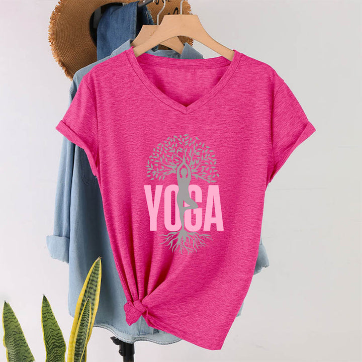 Maglietta da donna con scollo a V e stampa grafica Olivenorma Yoga Figure Tree Of Life con testo in grassetto. - Rosso rosa - 2XL - image 34