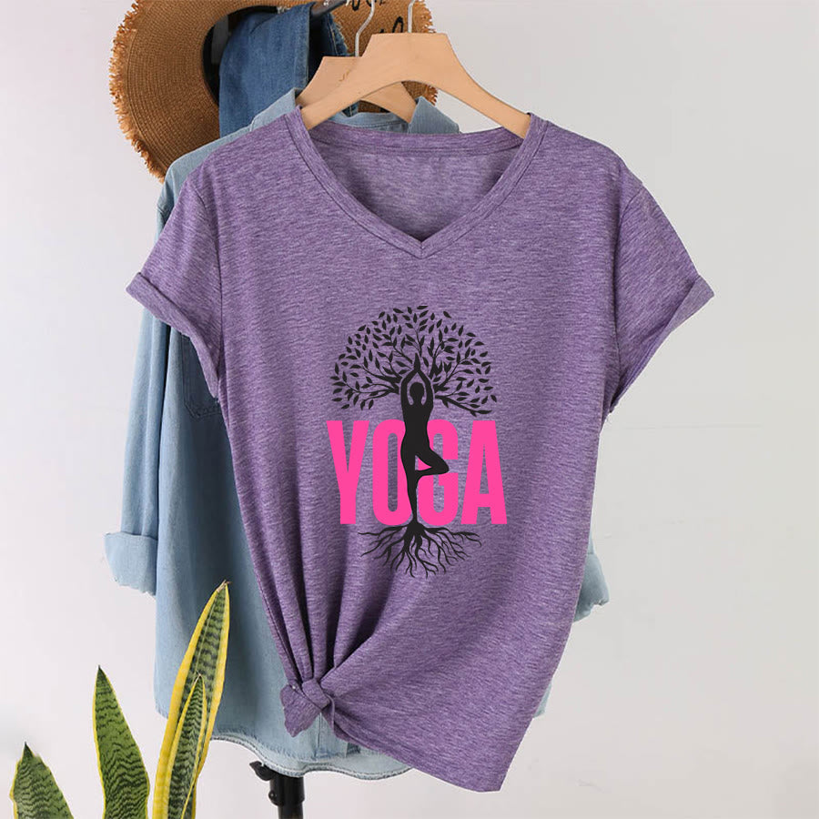 Maglietta da donna con scollo a V e stampa grafica Olivenorma Yoga Figure Tree Of Life con testo in grassetto. - Viola - 2XL - image 37