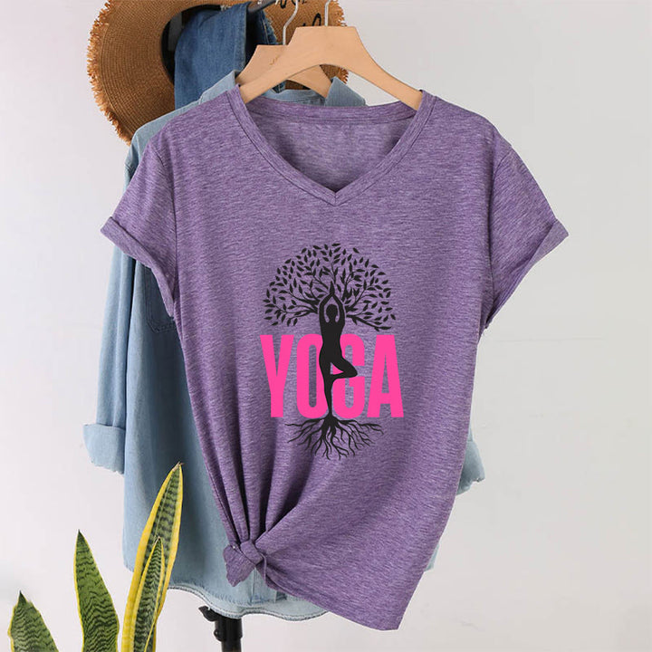 Maglietta da donna con scollo a V e stampa grafica Olivenorma Yoga Figure Tree Of Life con testo in grassetto. - Viola - 2XL - image 37