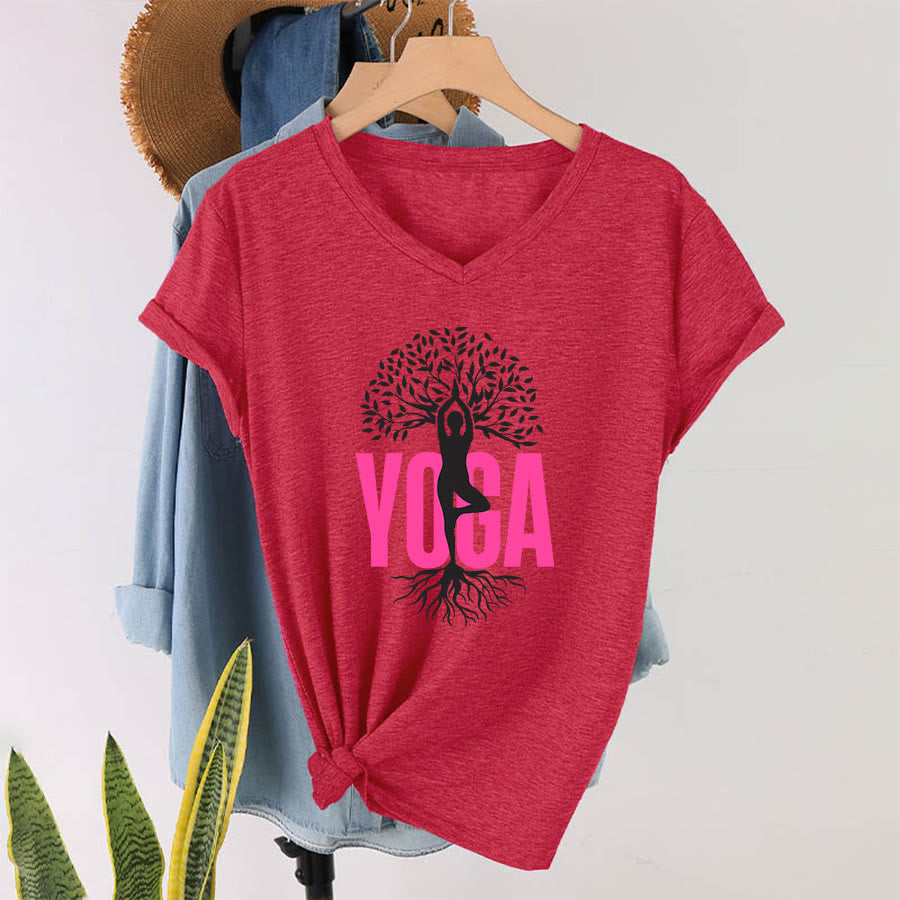 Maglietta da donna con scollo a V e stampa grafica Olivenorma Yoga Figure Tree Of Life con testo in grassetto. - Rosso - 2XL - image 28