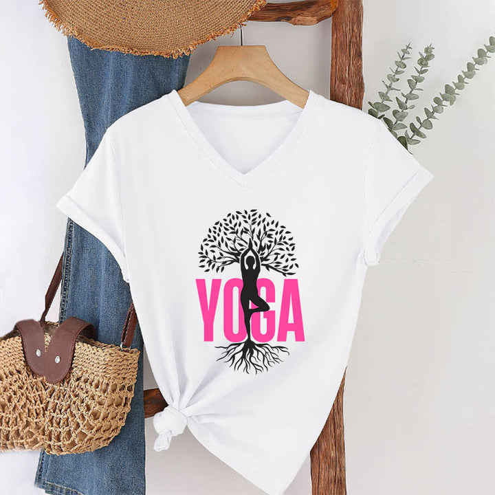 Maglietta da donna con scollo a V e stampa grafica Olivenorma Yoga Figure Tree Of Life con testo in grassetto. - Bianco - 2XL - image 1