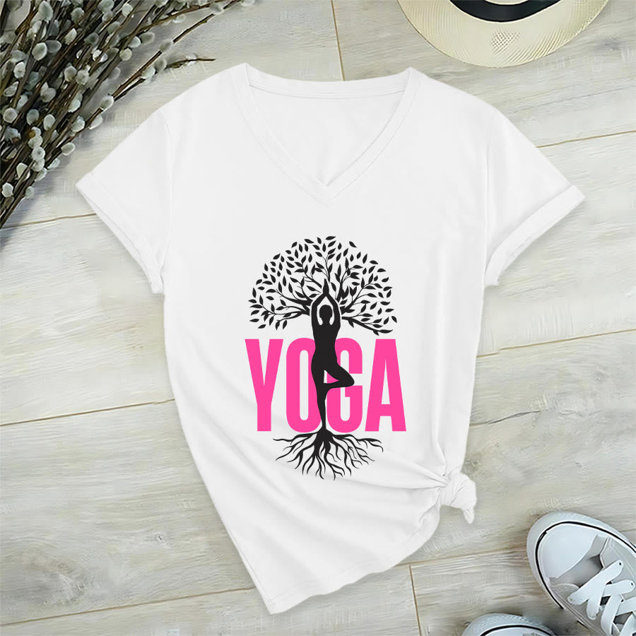 Maglietta da donna con scollo a V e stampa grafica Olivenorma Yoga Figure Tree Of Life con testo in grassetto. - image 0