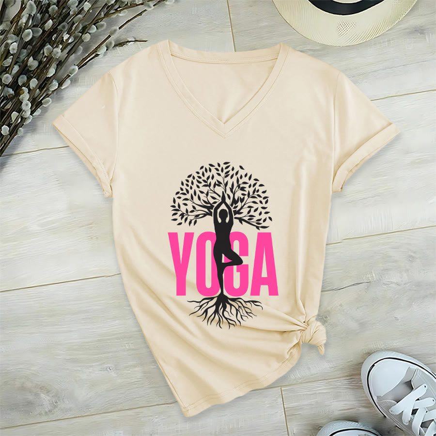Maglietta da donna con scollo a V e stampa grafica Olivenorma Yoga Figure Tree Of Life con testo in grassetto. - image 9