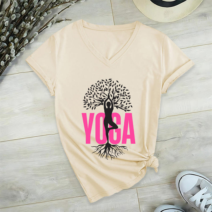Maglietta da donna con scollo a V e stampa grafica Olivenorma Yoga Figure Tree Of Life con testo in grassetto. - image 9