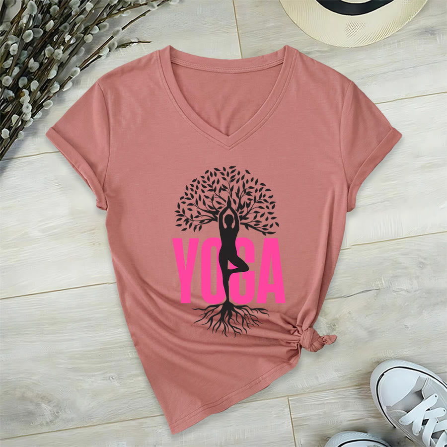 Maglietta da donna con scollo a V e stampa grafica Olivenorma Yoga Figure Tree Of Life con testo in grassetto. - image 12