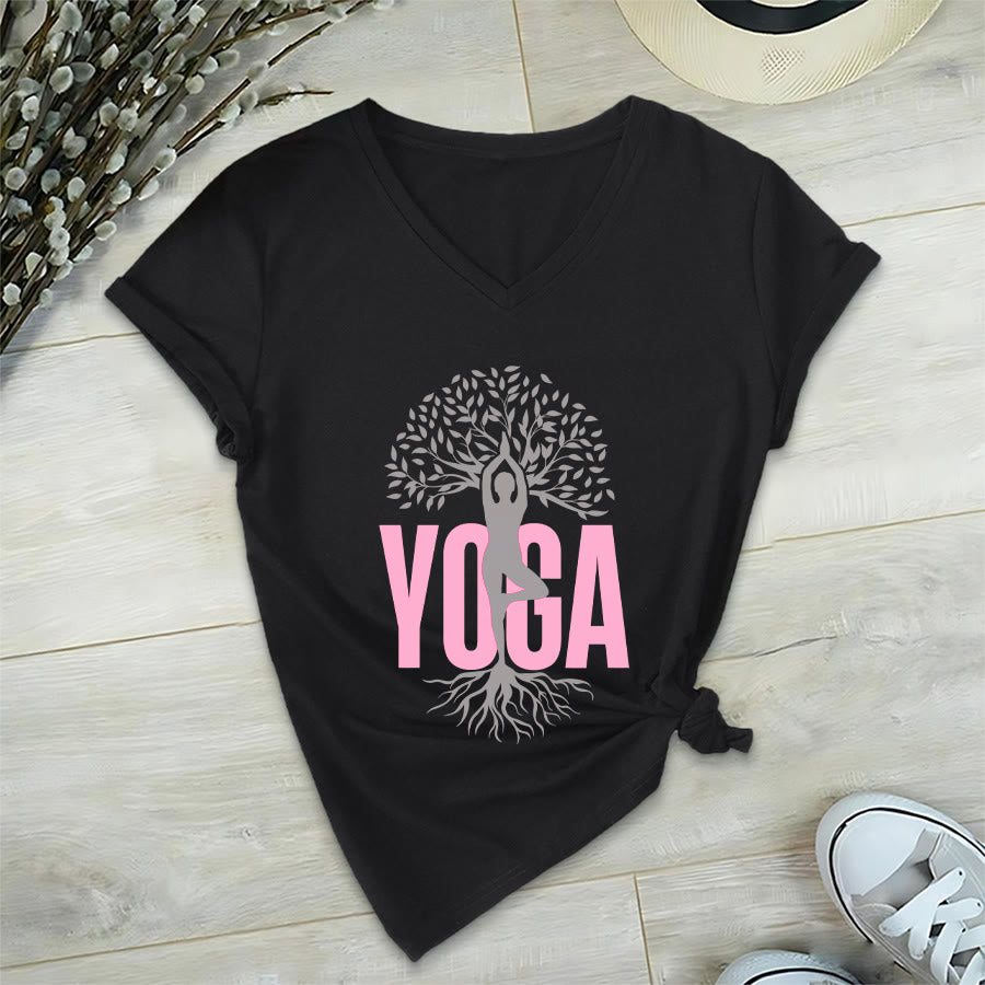Maglietta da donna con scollo a V e stampa grafica Olivenorma Yoga Figure Tree Of Life con testo in grassetto. - image 18