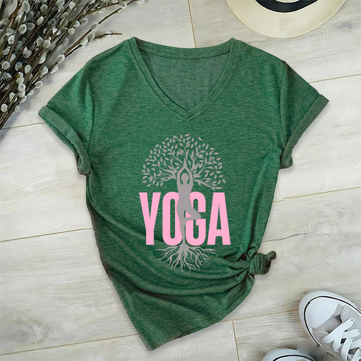 Maglietta da donna con scollo a V e stampa grafica Olivenorma Yoga Figure Tree Of Life con testo in grassetto. - image 3