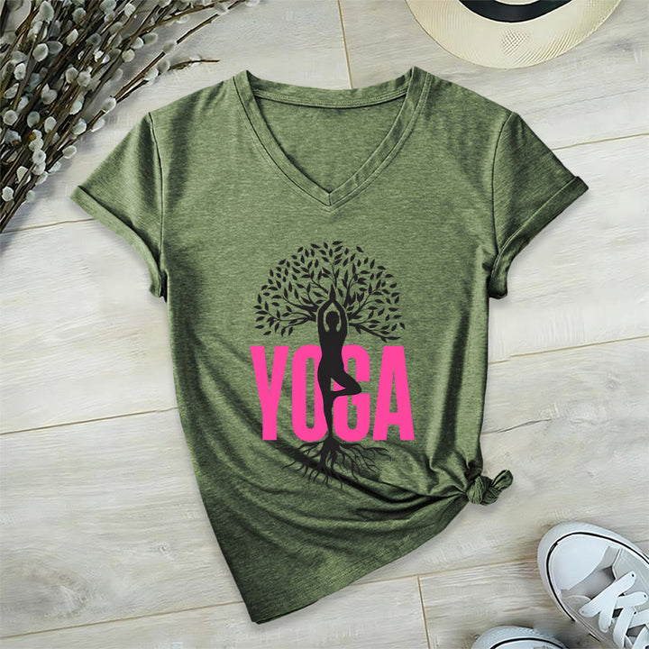 Maglietta da donna con scollo a V e stampa grafica Olivenorma Yoga Figure Tree Of Life con testo in grassetto. - image 6
