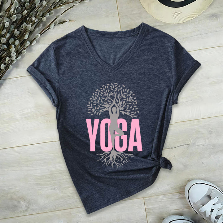 Maglietta da donna con scollo a V e stampa grafica Olivenorma Yoga Figure Tree Of Life con testo in grassetto. - image 24