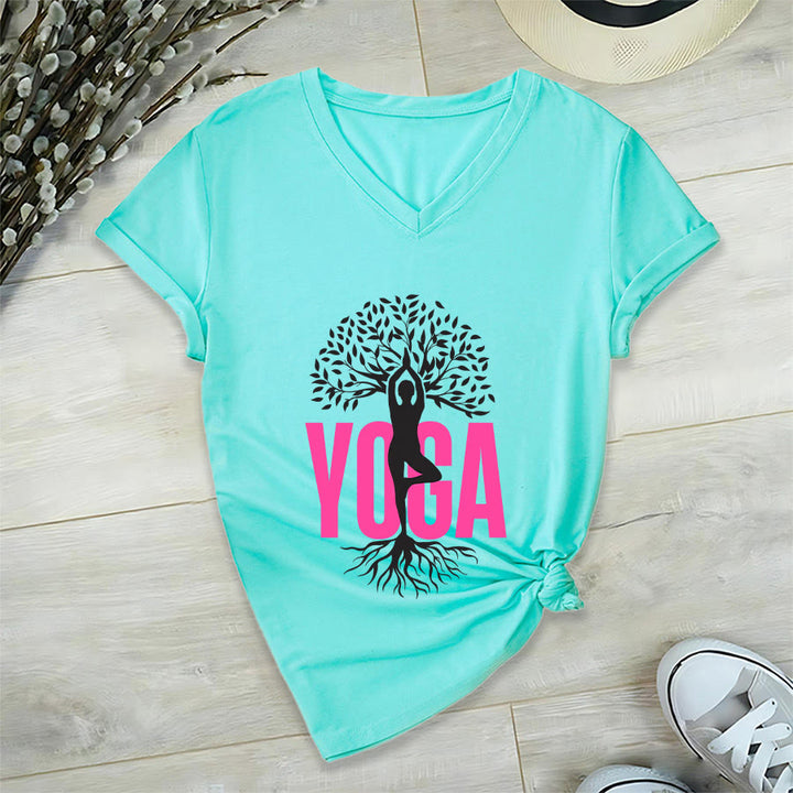 Maglietta da donna con scollo a V e stampa grafica Olivenorma Yoga Figure Tree Of Life con testo in grassetto. - image 15