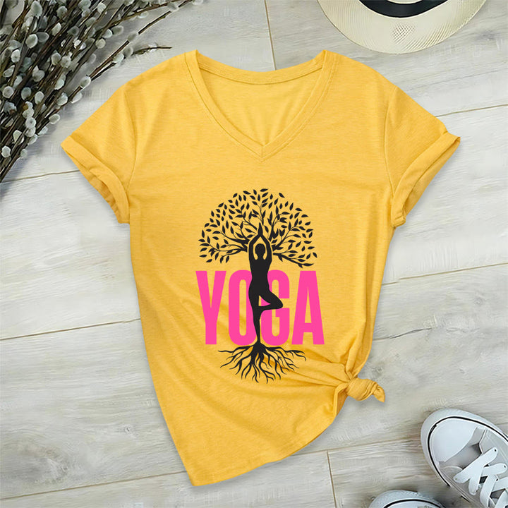 Maglietta da donna con scollo a V e stampa grafica Olivenorma Yoga Figure Tree Of Life con testo in grassetto. - image 30