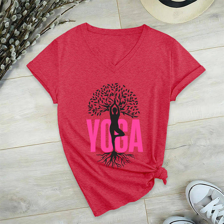 Maglietta da donna con scollo a V e stampa grafica Olivenorma Yoga Figure Tree Of Life con testo in grassetto. - image 27