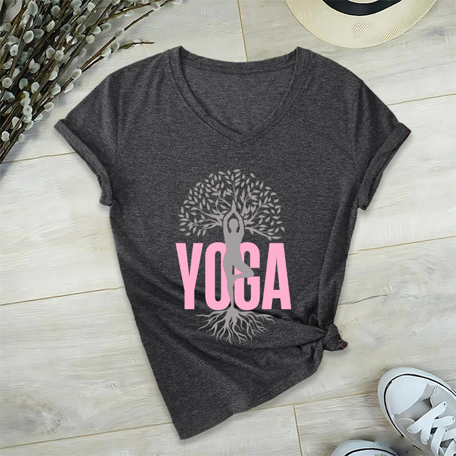 Maglietta da donna con scollo a V e stampa grafica Olivenorma Yoga Figure Tree Of Life con testo in grassetto. - image 21