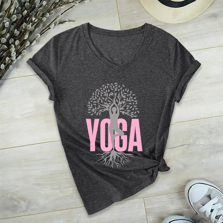 Maglietta da donna con scollo a V e stampa grafica Olivenorma Yoga Figure Tree Of Life con testo in grassetto. - image 21