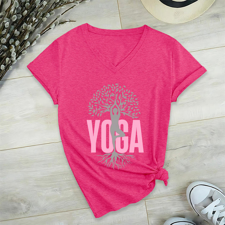 Maglietta da donna con scollo a V e stampa grafica Olivenorma Yoga Figure Tree Of Life con testo in grassetto. - image 33