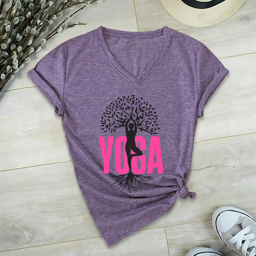 Maglietta da donna con scollo a V e stampa grafica Olivenorma Yoga Figure Tree Of Life con testo in grassetto. - image 36