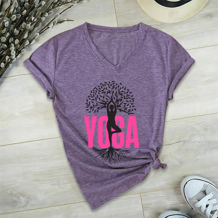 Maglietta da donna con scollo a V e stampa grafica Olivenorma Yoga Figure Tree Of Life con testo in grassetto. - image 36