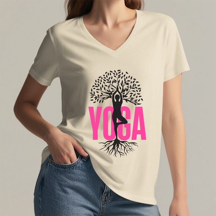Maglietta da donna con scollo a V e stampa grafica Olivenorma Yoga Figure Tree Of Life con testo in grassetto. - image 11