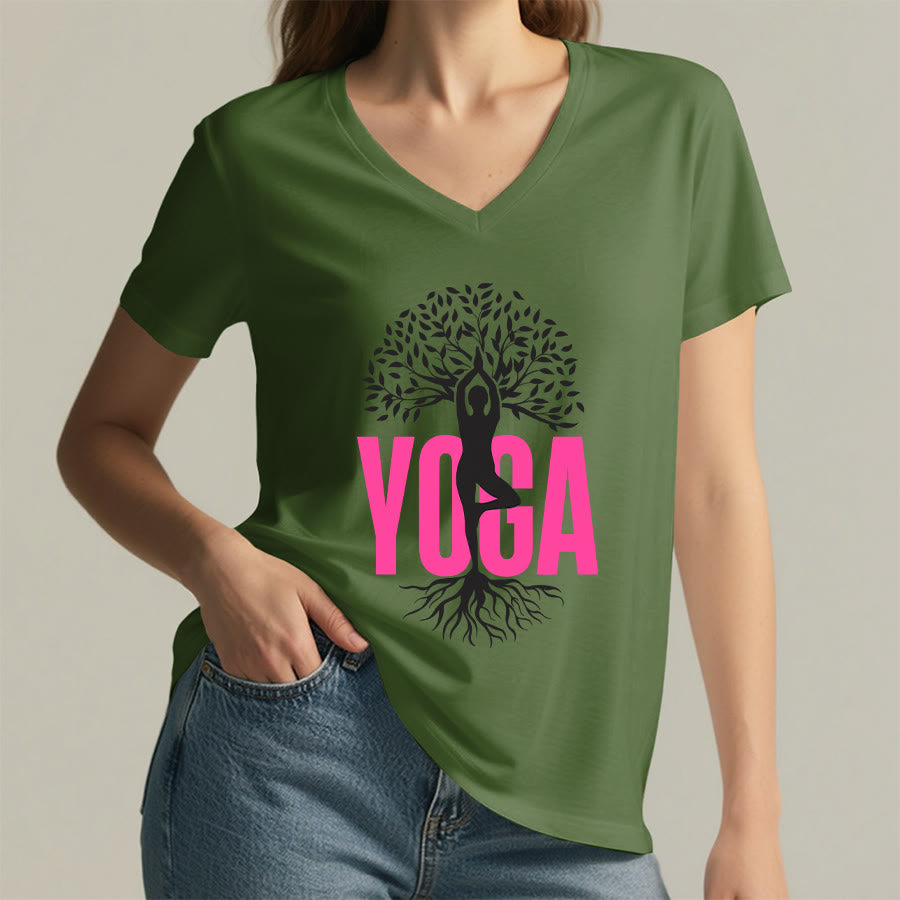 Maglietta da donna con scollo a V e stampa grafica Olivenorma Yoga Figure Tree Of Life con testo in grassetto. - image 8