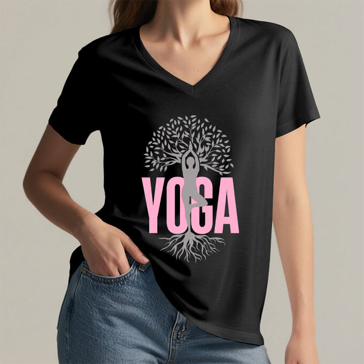 Maglietta da donna con scollo a V e stampa grafica Olivenorma Yoga Figure Tree Of Life con testo in grassetto. - image 20