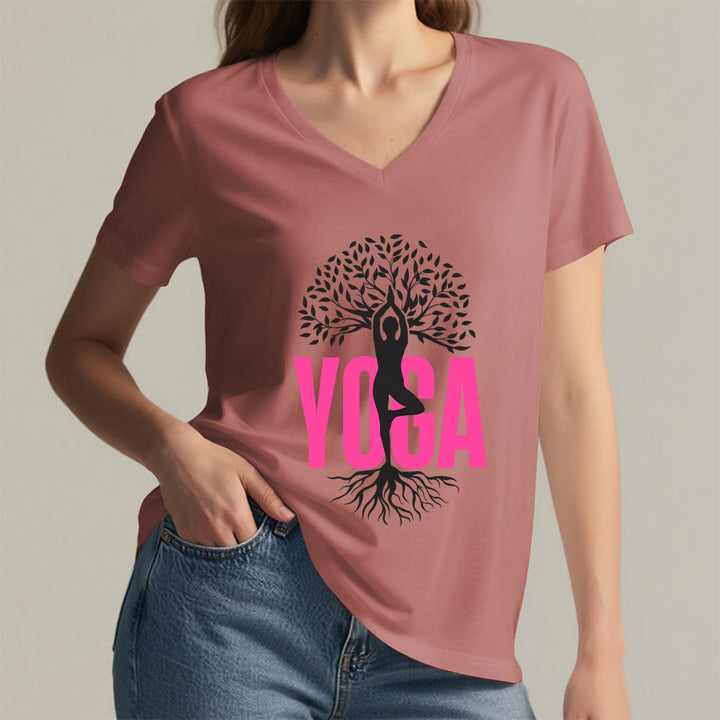 Maglietta da donna con scollo a V e stampa grafica Olivenorma Yoga Figure Tree Of Life con testo in grassetto. - image 14