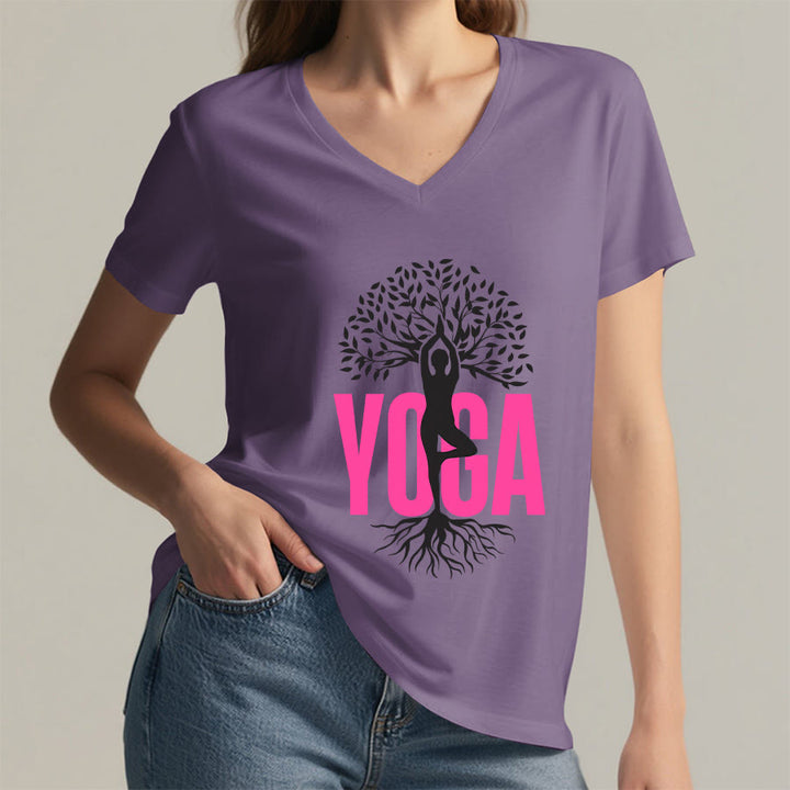Maglietta da donna con scollo a V e stampa grafica Olivenorma Yoga Figure Tree Of Life con testo in grassetto. - image 38