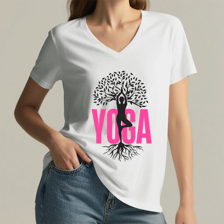 Maglietta da donna con scollo a V e stampa grafica Olivenorma Yoga Figure Tree Of Life con testo in grassetto. - image 2