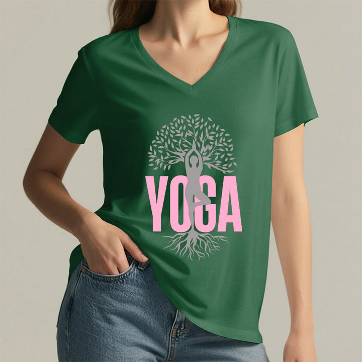 Maglietta da donna con scollo a V e stampa grafica Olivenorma Yoga Figure Tree Of Life con testo in grassetto. - image 5