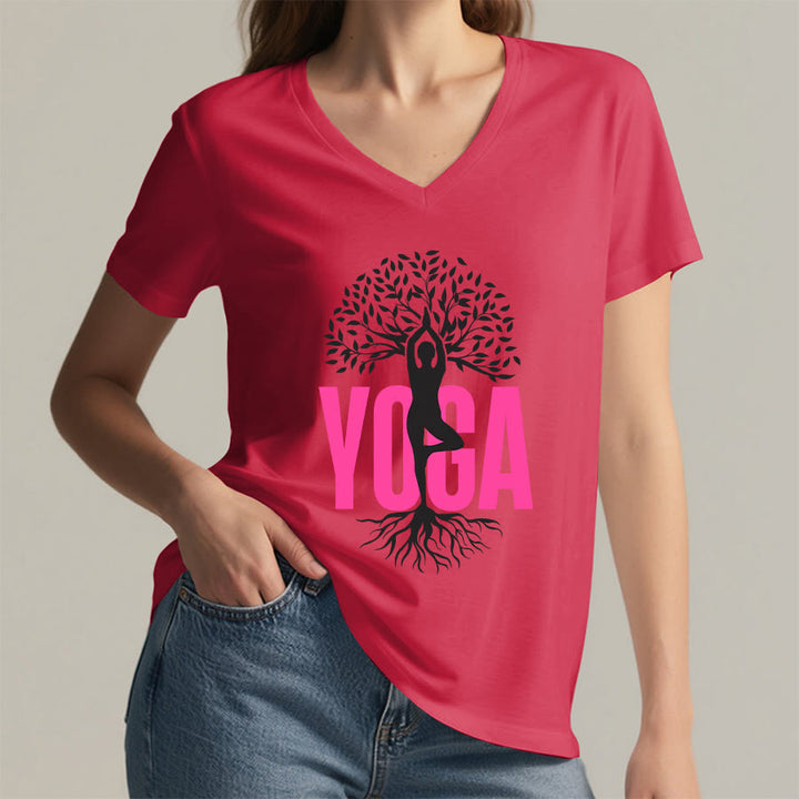 Maglietta da donna con scollo a V e stampa grafica Olivenorma Yoga Figure Tree Of Life con testo in grassetto. - image 29