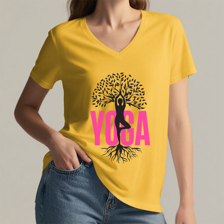 Maglietta da donna con scollo a V e stampa grafica Olivenorma Yoga Figure Tree Of Life con testo in grassetto. - image 32