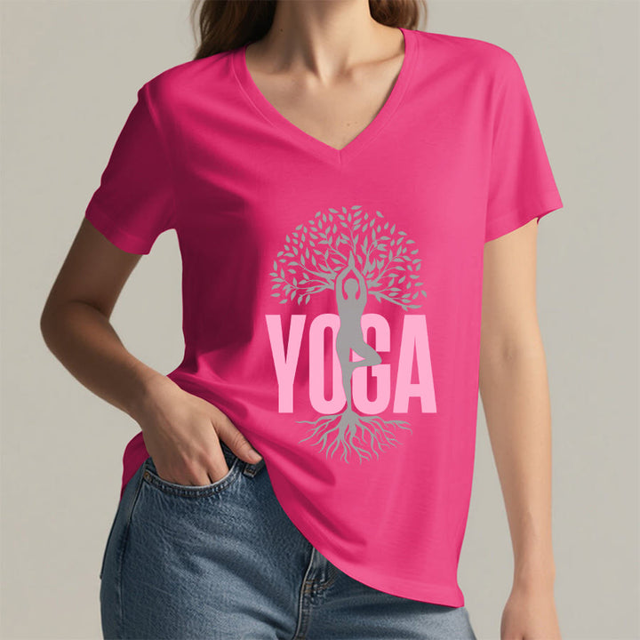 Maglietta da donna con scollo a V e stampa grafica Olivenorma Yoga Figure Tree Of Life con testo in grassetto. - image 35