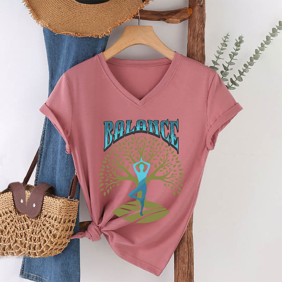 Maglietta da donna con scollo a V Olivenorma Tree Pose Yoga Lady Balance Word Spiritual - Rosa - 2XL - image 13