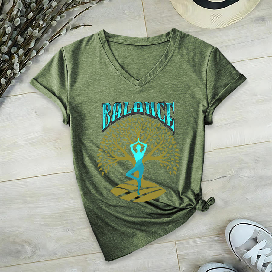 Maglietta da donna con scollo a V Olivenorma Tree Pose Yoga Lady Balance Word Spiritual - image 6