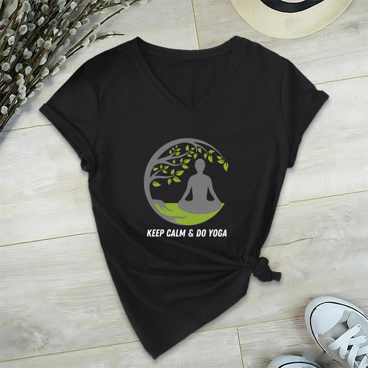 Olivenorma Keep Calm & Do Yoga Circular Tree Meditation Figure Graphic Women's V Neck T-Shirt - Nero - 2XL - image 15
