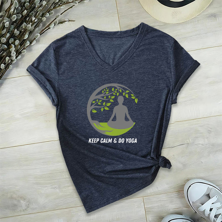 Olivenorma Keep Calm & Do Yoga Circular Tree Meditation Figure Graphic Women's V Neck T-Shirt - Blu navy - 2XL - image 24