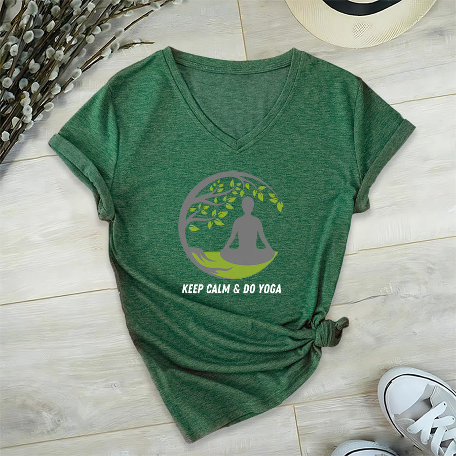 Olivenorma Keep Calm & Do Yoga Circular Tree Meditation Figure Graphic Women's V Neck T-Shirt - Verde scuro - 2XL - image 0