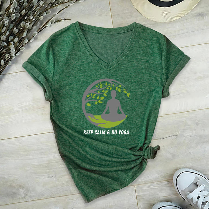 Olivenorma Keep Calm & Do Yoga Circular Tree Meditation Figure Graphic Women's V Neck T-Shirt - Verde scuro - 2XL - image 0
